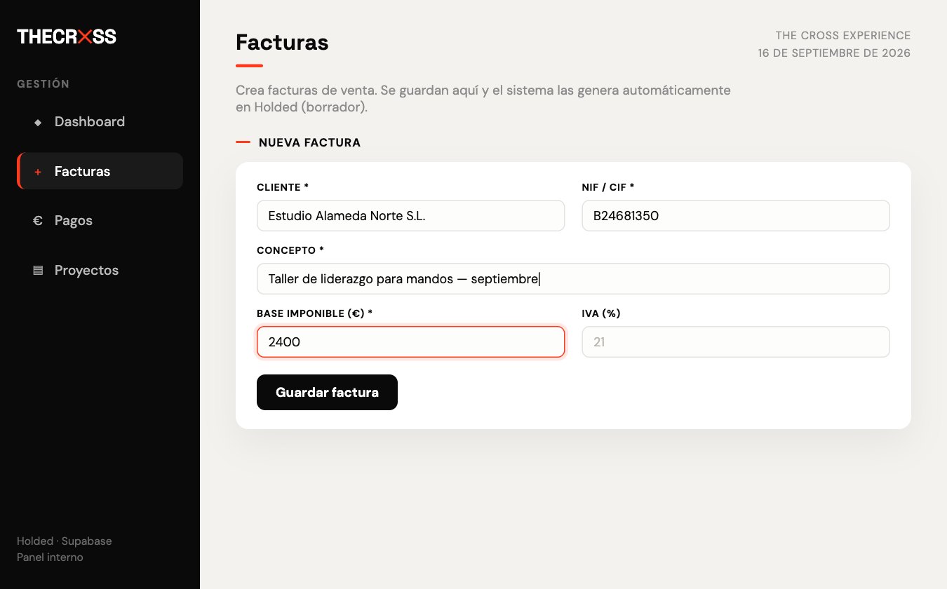 Pantalla de creación de facturas del panel a medida de The Cross, con los campos de cliente, NIF, concepto e importe.